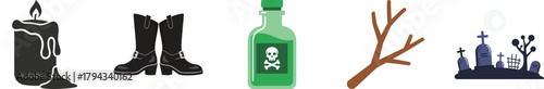 A collection of Halloween-themed icons including a vampire, skull, mummy, ghost, coffin, and potion bottle.
