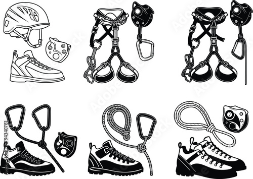 Flat vector illustration of rock climbing gear, helmet, harness, rope, carabiner, belay device, climbing shoes