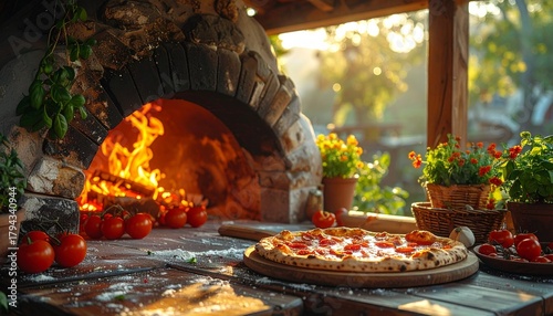 Rustic outdoor pizza oven with flames, fresh pepperoni pizza on stone counter, tomatoes and flowers nearby.