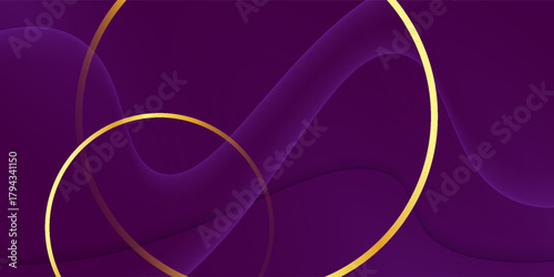 Abstract 3d curved violet and gold ribbon on violet background with lighting effect copy space for text. Luxury design style. Vector illustration