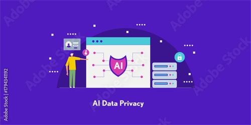Web platform display AI security shield, encrypted server access, man with key showcase data privacy standard and technology regulation.