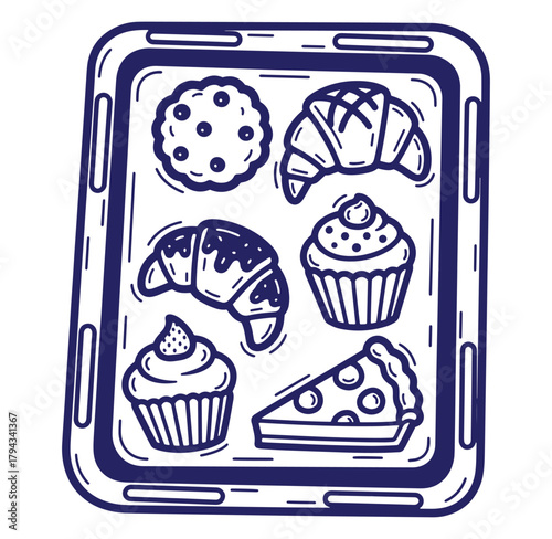 Hand drawn illustration of various baked goods arranged on a rectangular serving tray