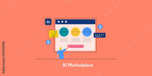 AI solution for enterprise use, businessman browses multi chatbot on AI marketplace, purchase subscription for commercial purpose.