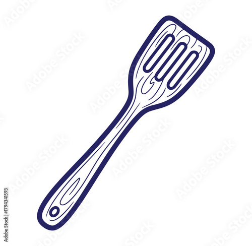 Illustrated wooden spatula kitchen utensil in a clean blue outline on a white background