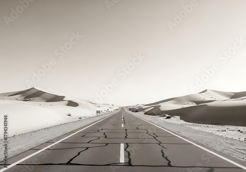 Fototapeta Naklejka Na Ścianę i Meble -  Monochrome road disappearing into the horizon amidst serene desert dunes