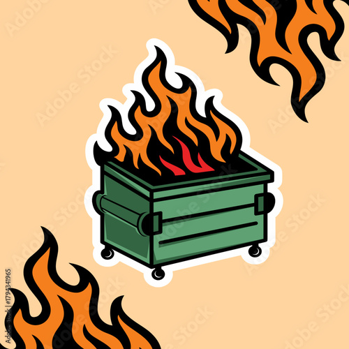 Dumpster fire vector image, Trash fire icon with comic style Design illustration, 