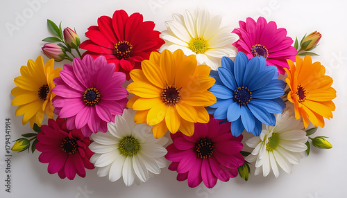 Vibrant Mix of Colorful Daisy Flowers on White Background