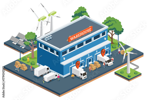 Eco warehouse with trucks, workers, solar panels and wind turbines. Isometric logistics center.