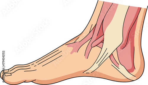 Human foot anatomy illustration, medial side muscles tendons ligaments, educational medical drawing, podiatry study diagram, cad drawing flat vector illustration