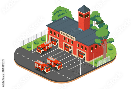 Isometric fire station with fire trucks and firefighters. Emergency rescue building. Illustration.