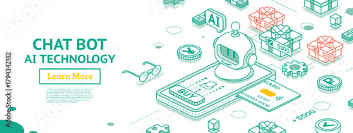 Chatbot and AI technology for mobile banking, online payment and best-price product search. Isometric illustration.
