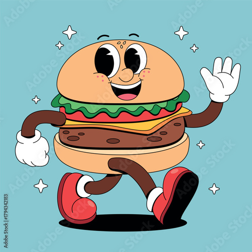Retro Cartoon Burger Character Waving