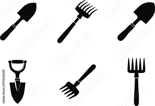 Gardening tools silhouette, hand trowel, rake, spade, garden fork, soil tools set, flat vector