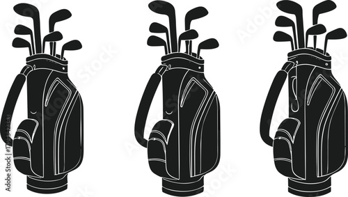 Golf bag silhouettes with clubs including drivers, irons, putters, sports equipment for golfing, flat vector