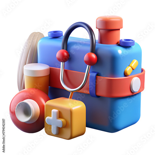 Stylized 3 D Medical Kit with Stethoscope and Pills