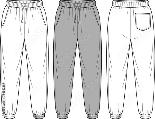 Jogger pants front back side view, drawstring waist casual trousers, fashion flat sketch, apparel template, cad drawing flat vector illustration