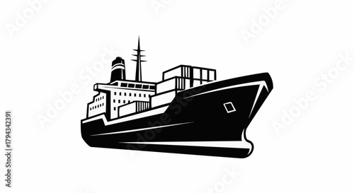 Monochrome Cargo Ship Illustration - Maritime Transport and Global Trade.