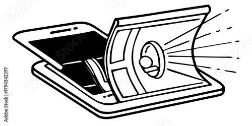 Foldable Smartphone Partially Opened with Glowing Holographic Display — Next-Generation Mobile Technology and Futuristic Device Concept with Background Removed