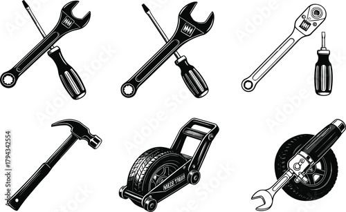 Hand tools and automotive equipment silhouette set, wrench, screwdriver, hammer, tire, jack, flat vector