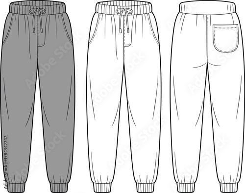 Jogger pants front, back, side view, elastic waist fashion sketch, drawstring pocket template, vector casual clothing design illustration