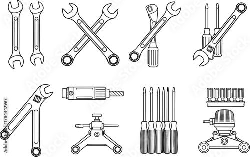 Hand tools silhouette set, wrench, screwdriver, drill bit, micrometer, socket set, flat vector illustration