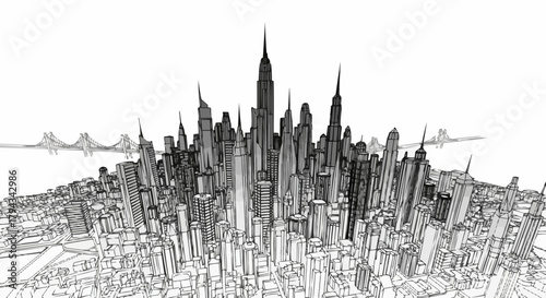 Detailed architectural sketch of a modern city skyline with skyscrapers and buildings.