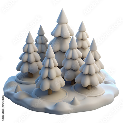 Stylized white Christmas trees on snow winter