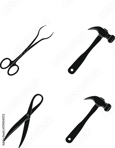 Hand tools and surgical instruments silhouette set, hammer, forceps, scissors, medical gear, flat vector illustration