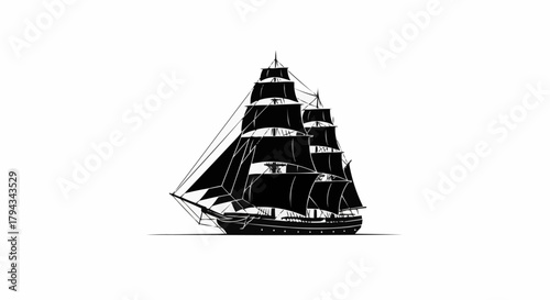 Vintage Tall Ship Sailing on Open Sea.