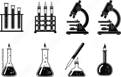 Laboratory equipment silhouette set, test tubes, microscope, flasks, dropper, heating tools, flat vector illustration