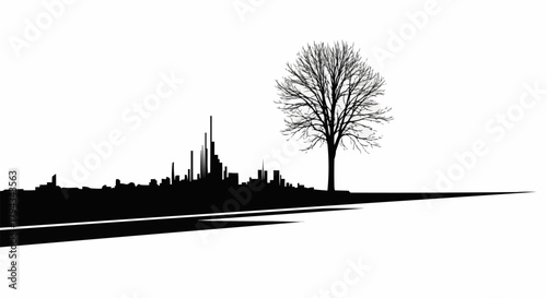Silhouette of a city skyline and a solitary tree on a road.