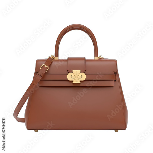 Brown Leather Handbag With Gold Buckle And Shoulder Strap Isolated On A Black Background