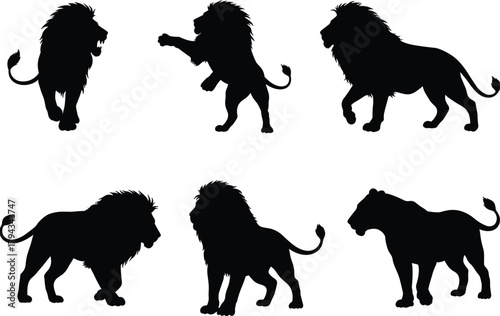 Lion silhouettes in dynamic poses, roaring, crouching, walking, standing alert, wild animal forms, flat vector