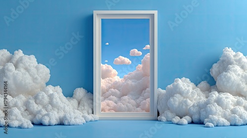 Surreal Dreamscape of Pink Clouds and Blue Sky in a White Frame. Fantasy 3D Render Concept of Imagination, Art, and Optimism.