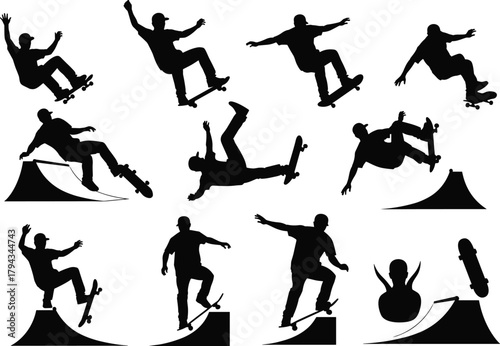 Skateboarding silhouettes, extreme tricks, broken skateboard, falling skater, ramp action, urban sport, youth culture, dynamic motion, freestyle stunts, balance skills