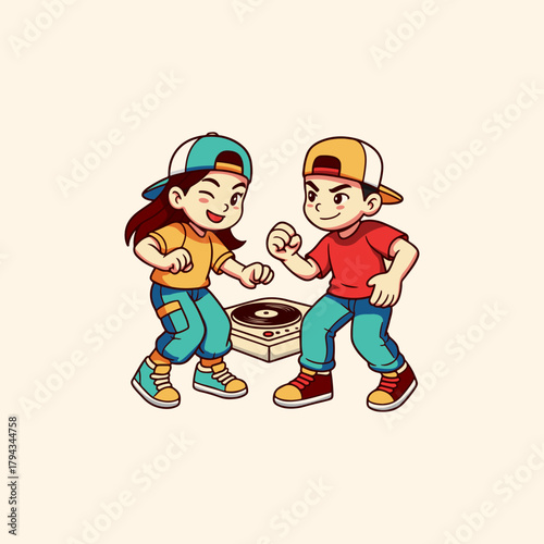 Two dancers will perform a dance battle. Illustration of dancers
