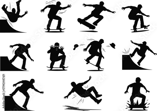 Skateboarder silhouette, falling, jumping, crashing, dynamic poses, skateboarding action, balance loss, mid-air tricks, expressive movement, urban sport, risky stunts