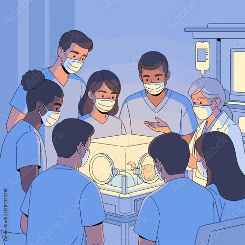 Medical Team in Masks Surrounding an Incubator in a Hospital Setting.