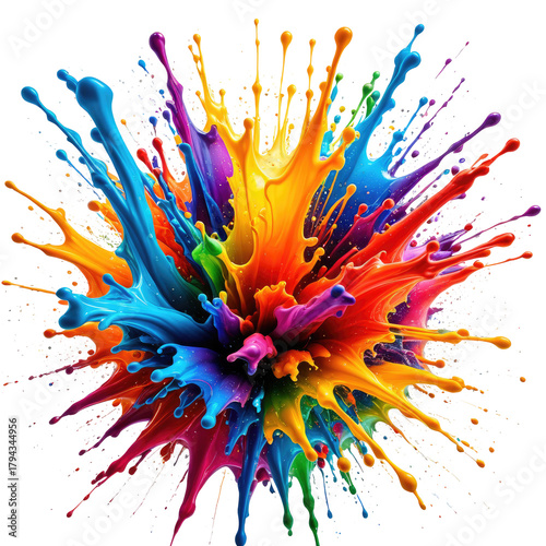 Vibrant explosion of paint splatters in a rainbow of colors