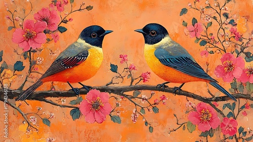 Birds on branch with flowers