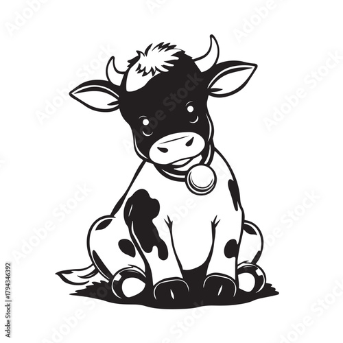 Cute cartoon cow sitting scene concept vector illustration design.