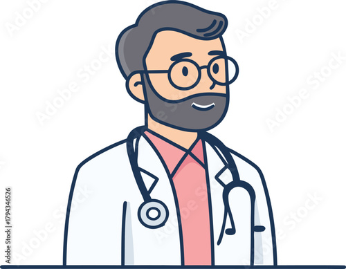 Friendly doctor with a stethoscope exudes modern professional healthcare, perfect for medical websites and telehealth platforms, originally a scalable vector graphic