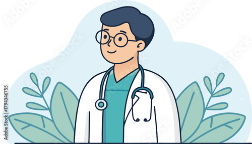 Friendly doctor with stethoscope offers healthcare solutions, perfect for telemedicine, medical blogs, or clinic websites; originally a scalable vector graphic