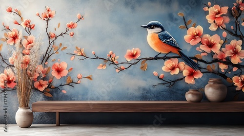 Bird on blossoming branch floral background