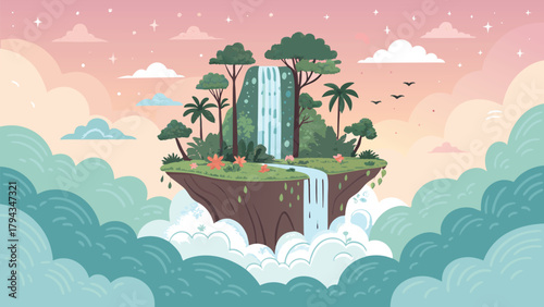 Enchanting floating island paradise with lush greenery, cascading waterfalls, and serene clouds, perfect for inspiring tranquility and wanderlust in your designs