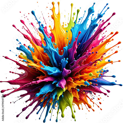 Splashes of vibrant colors erupt against the dark backdrop, dynamic