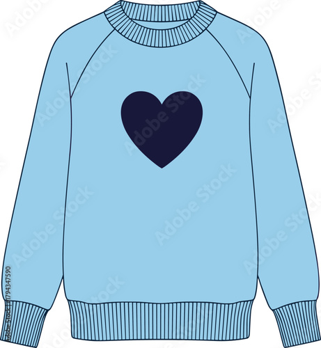Light blue sweater with heart design, fashion flat sketch, vector apparel illustration, casual knitwear, trendy clothing, cad drawing flat vector illustration