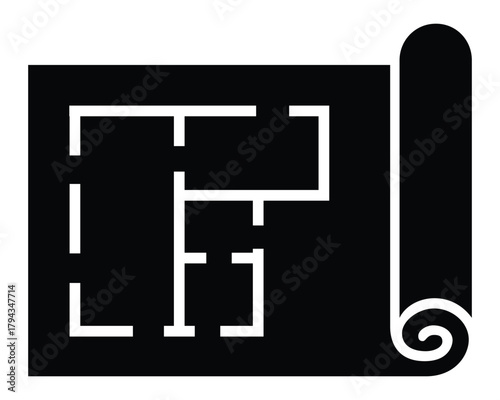 Blueprint or floor plan icon on a rolled scroll for architecture construction design and real estate symbo