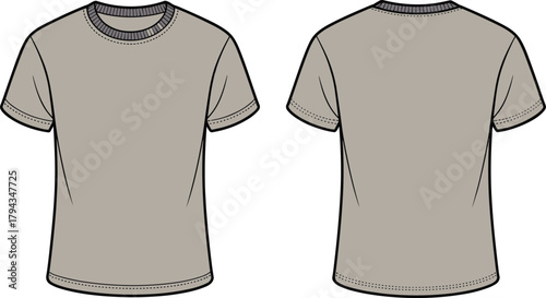 Light gray t-shirt front back view, short sleeve crew neck design, fashion flat sketch, apparel template, cad drawing flat vector illustration