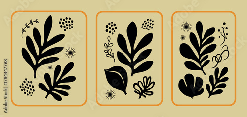 Minimalist botanical triptych with black cut out leaf and petal shapes isolated on color background
